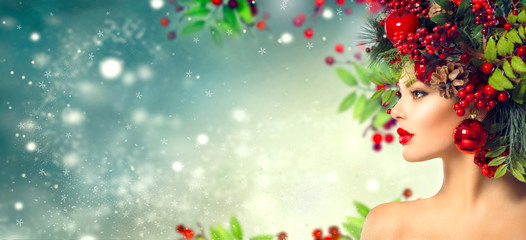 Poster - Christmas hairstyle. Holiday makeup closeup