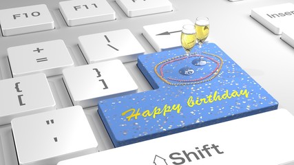 White keyboard with flat keys with the enter key in blue showing happy birthday and two glasses of champagne 3D illustration