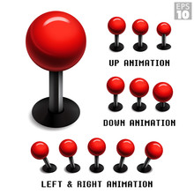 Classic Red Arcade Game Joystick With Animated Stills In Up, Down, Left And Right Movements.