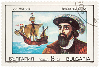 Sticker - Portuguese navigator Vasco da Gama on postage stamp