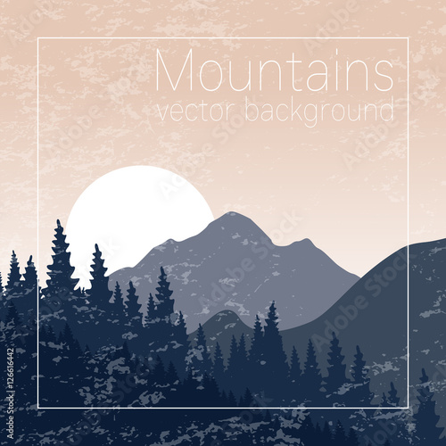 Mountains landscape. Textured nature background for card, banner, flyer and web design.Travel and hiking illustration.