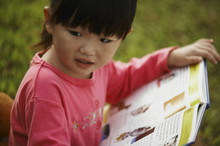 Little Girl Reading A Book Outdoors