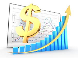 3d illustration of dollar sign over business charts background with blue graph and yellow arrow up