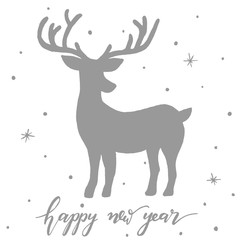 happy new year - christmas card with a deer and calligraphy vect