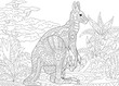 Stylized australian kangaroo family - mother and her young cub in jungle landscape. Freehand sketch for adult anti stress coloring book page with doodle and zentangle elements.