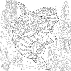 Wall Mural - Stylized cute dolphin swimming among underwater seaweed. Freehand sketch for adult anti stress coloring book page with doodle and zentangle elements.