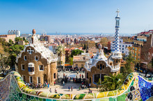 View Of The Entrance To The Park Guell By Antoni Gaudi. Barcelona, Catalonia, Spain