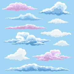 Wall Mural - White blue and pink clouds collection on blue baclground. Vector illustration