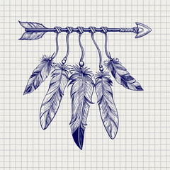 Wall Mural - ball pen sketch arrow with feathers on notebook page. vector illustration