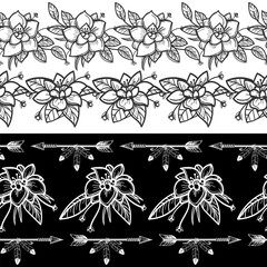 Wall Mural - Seamless borders with flowers and feathers arrows. Vector illustration