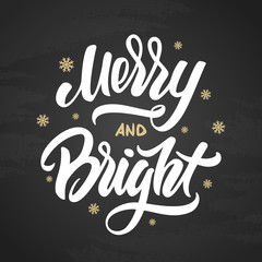 Vector illustration: Merry and bright Christmas elegant modern brush lettering with golden snowflakes on chalkboard background.