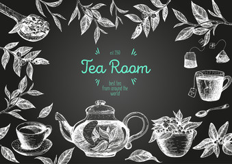 Wall Mural - Vector illustration for Tea Shop. Vector card design with tea. Poster for tea house. Vector hand drawn set. Linear graphic banner.