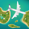 Plane flies over a few tropical islands of different sizes with beaches and houses. Around float boats. View from above. Air traffic or international flights concept
