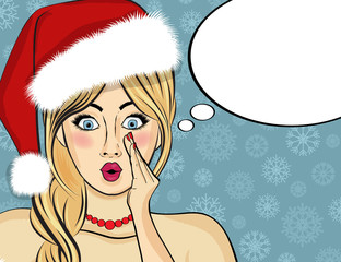 Pop art Santa girl. Pin up Santa girl. Santa Girl with speech bu