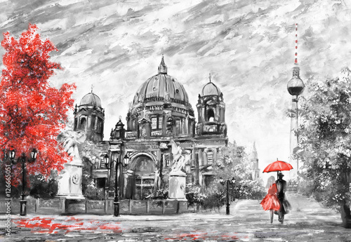 Naklejka dekoracyjna oil painting on canvas, street view of Berlin, Artwork European landscape in black, white and red color. man and woman under umbrella. Trees, Cathedral, Tower