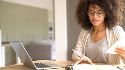 Wall Mural - Mixed race woman working from home on laptop computer