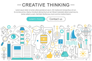 Poster - Vector elegant thin flat line Creative thinking concept. Website header banner elements layout. Presentation, flyer and poster. Creative idea.