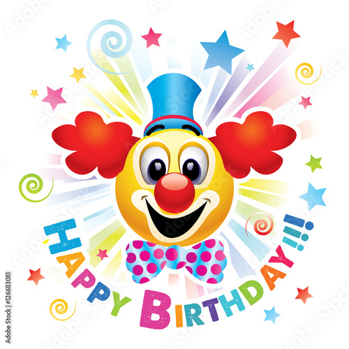 Happy Birthday Greeting Card Smiley Ball As Clown Celebrating Smiley Being Cheerful And Having Fun At The Party High Quality Vector Illustration Stock Vector Adobe Stock Happy Birthday Greeting Card Smiley Ball As Clown Celebrating Smiley Being Cheerful And Having Fun At The Party High Quality Vector Illustration Stock Vector Adobe Stock