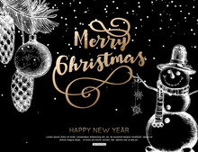 Merry Christmas Greeting Card With Snowman, Vector Illustration.