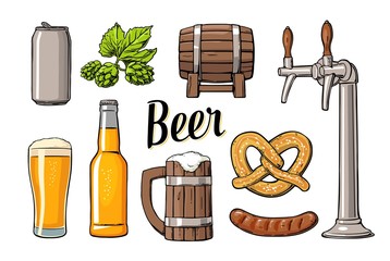 Wall Mural - Beer set with tap, class, can, bottle, barrel, sausage, pretzel and hop.