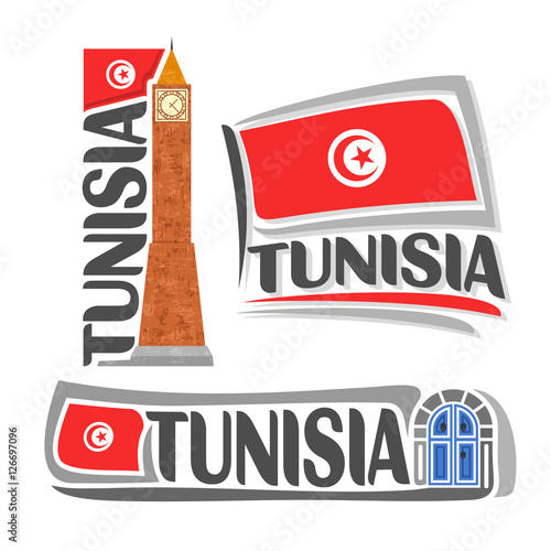 Cuadros en Lienzo Vector logo Tunisia, 3 isolated illustrations: vertical banner clock tower on background national state flag, symbol of Tunisian Republic architecture and tunisia flags beside traditional blue doors