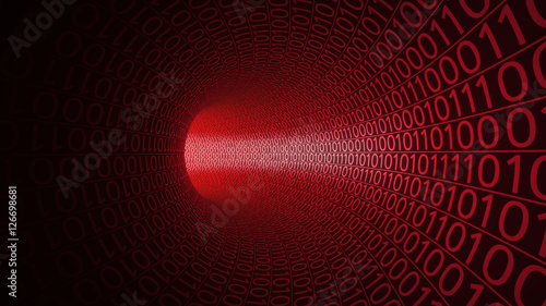 Zdjęcie XXL Lot przez streszczenie czerwony tunel z zer i jedynek. Nowoczesne tło. Niebezpieczeństwo, zagrożenie, transfer danych binarnych, koncepcje technologii cyfrowych. Renderowania 3D