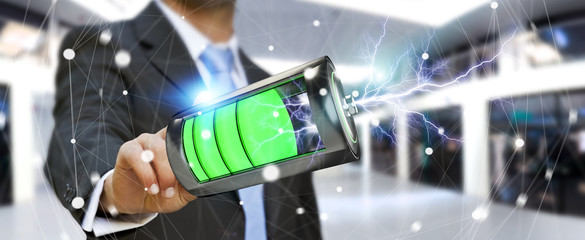 Poster - Man touching 3D render battery with lightning with his finger