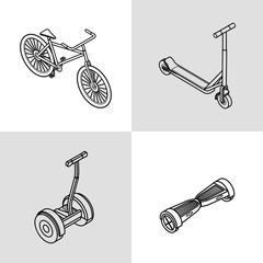 Vector illustration. Set of colorful isometric icons electric unicycle, balancing scooter, monowheel. 3D