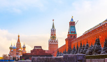 Kremlin Wall Spasskaya Tower Mausoleum Red Square Sunset Winter