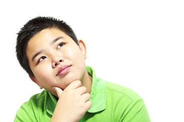 Asian 13 years old boy making thinking expression isolated over white  background