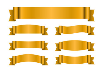 Wall Mural - Ribbon gold banners set. Sign golden satin blank for promotion, web, advertising text. Collection shiny scrolls design decoration elements. Symbol vintage label, isolated on white. Vector illustration