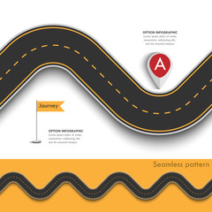 Wall Mural - Road trip and Journey route with pin pointer. Business and Journey Infographic Design Template with flags and place for your data. Seamless Winding road on a colorful background. Vector EPS 10