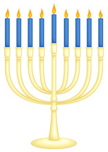 Vector Illustration Of A Hanukkah Menorah With Nine Blue Candles.