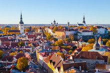 Niguliste Church, Nevski Cathedral, Pikk Herman Tower And Dome Church. Towers And Red Roofs Of Old Tallinn, Estonia. Aerial View, Autumn Season