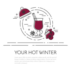 Wall Mural - Winter sales mulled wine banner Flat line art vector