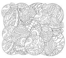 Christmas Tree Ornament Adult Coloring Page. Vector Coloring Page With Fir Tree Ornament.