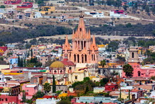 San Miguel De Allende, A Colonial City In Mexicoâ??s Central Highlands, Is Known For Its Baroque Spanish Architecture, Thriving Scene And Cultural Festivals. Gothic Church Parroquia De San Miguel Arca