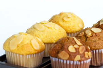 Two rows of coffee and vanilla cupcakes isolated on white background