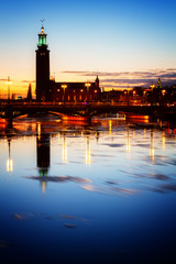 Sticker - city hall over sea waters with ice, Stockholm, Sweden, toned