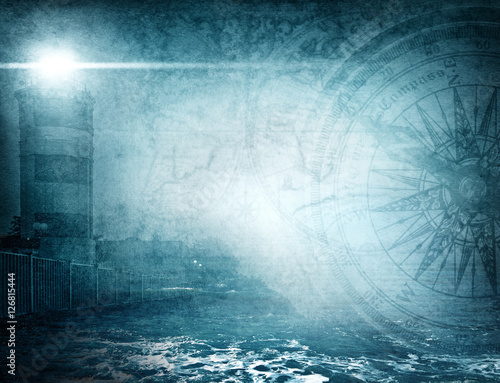 Old globe, lighthouse and sea knot on abstract map background. Pirate, explor...