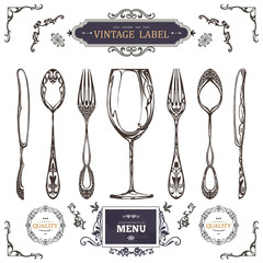 Set of Vintage Decorations Elements. Vintage spoon, fork and knife.