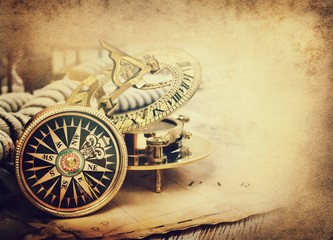 Fototapete - Old compass and vintage map. Retro style.