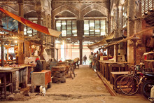 End Of Working Day Inside Of Grunge Hall Of Old City Market With Historical Counters