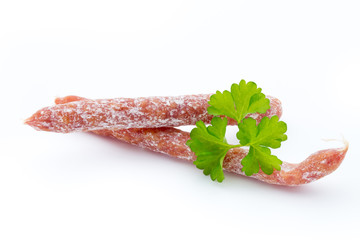 Smoked sausage salami isolated on a white background.