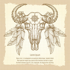 Wall Mural - hand drawn buffalo skull with native american feather headdress vintage poster. vector illustration