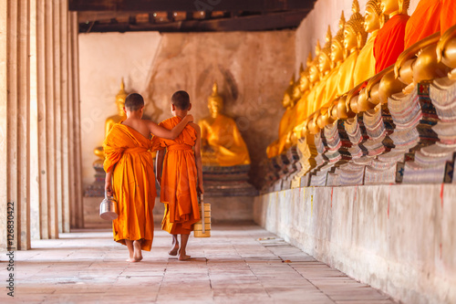 Fotografie, Obraz Two novices walking return and talking in old temple at sunset time, Ayutthaya P