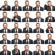 mosaic of businessman expressing different emotions.
The bearded businessman with suit with 25 different emotions. isolated on white. studio shot.