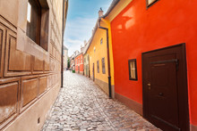 Golden Street Inside Of Old Royal Palace In Prague, Czech Republic. Multicolored Houses Authentic Retro.