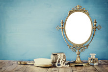 Old Vintage Oval Mirror And Woman Toilet Fashion Objects