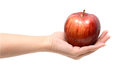 A hand holding apple isolated on white background